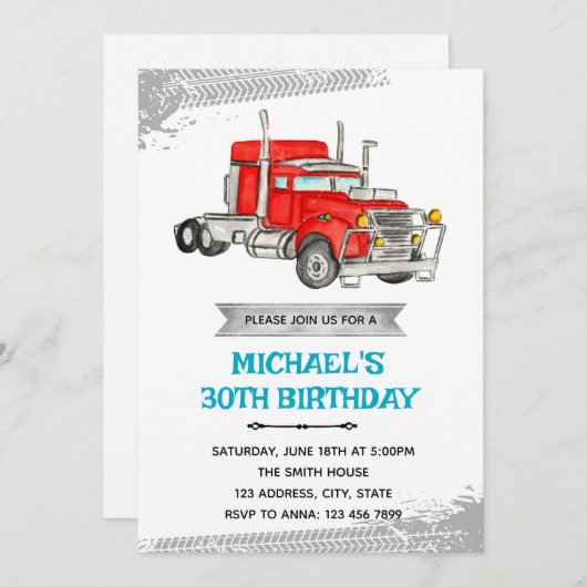 Semi truck verjaardagsfeestje uitnodiging (Voorkant / Achterkant)