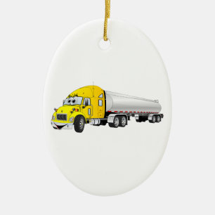 Semi Truck Yellow Silver Tanker Trailer Cartoon Keramisch Ornament