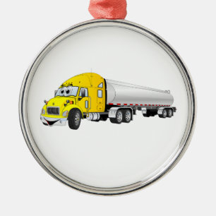 Semi Truck Yellow Silver Tanker Trailer Cartoon Metalen Ornament