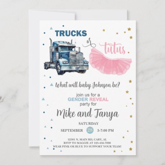 Semi Trucks or Tutus gender reveal invitation. Kaart (Voorkant)