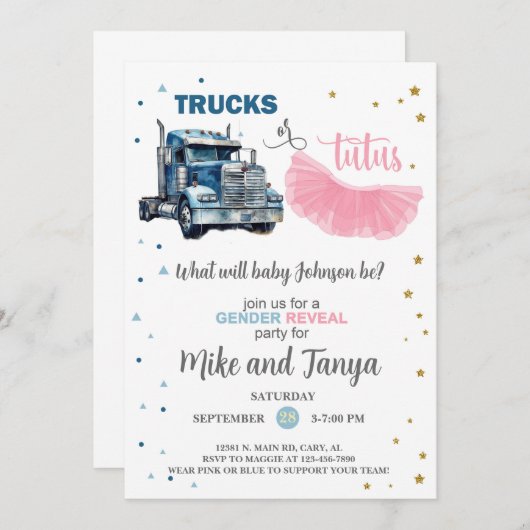 Semi Trucks or Tutus gender reveal invitation. Kaart (Voorkant / Achterkant)