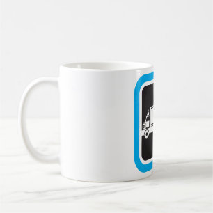 Semi-vrachtwagen en aanhangwagen blauw pictogram koffiemok