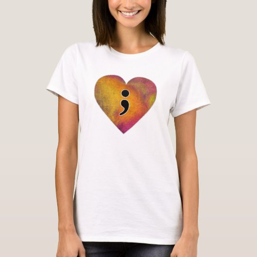 Semicolon Waterverf Hart Mentale Gezondheid Bewust T-shirt (Voorkant)