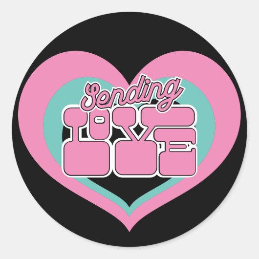 Sending Love Retro Heart Black Roze Mint Ronde Sticker (Voorkant)