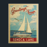 Seneca Lake Postcard Sailboat Vintage New York Briefkaart<br><div class="desc">This Greetings From Seneca Lake New York vintage nautical design features a boat sailing on the water with seagulls and a blue sky filled with gorgeous puffy white clouds.</div>