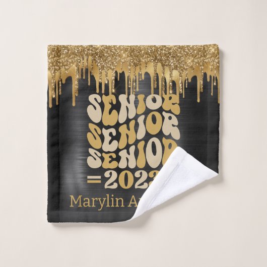 SENIOR 2023 BLACK & GOLD GLITTER DRIP CUSTOM BAD HANDDOEK (Wasdoekje)