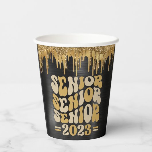SENIOR 2023 BLACK & GOLD GLITTER DRIP CUSTOM PAPIEREN BEKERS (Achterkant)
