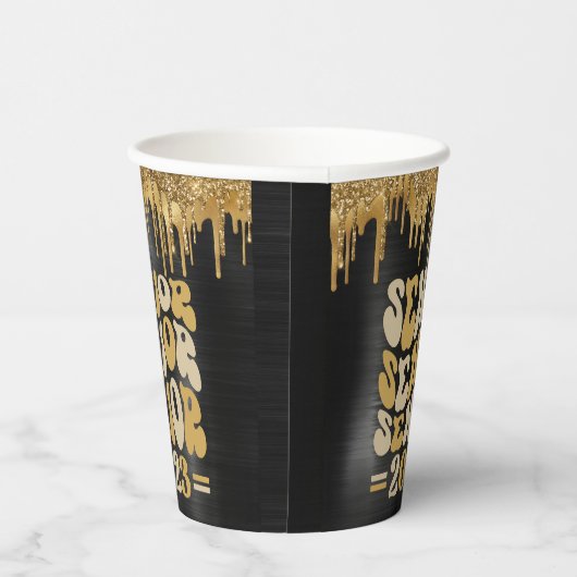 SENIOR 2023 BLACK & GOLD GLITTER DRIP CUSTOM PAPIEREN BEKERS (Rechts)