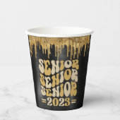 SENIOR 2023 BLACK & GOLD GLITTER DRIP CUSTOM PAPIEREN BEKERS (Voorkant)