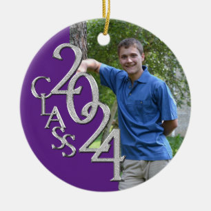 Senior 2024 Paarse en zilveren Afstuderen Foto Keramisch Ornament