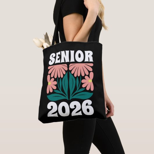 Senior 2026 Custom Retro Groovy Flowers Afstuderen Tote Bag (Dichtbij)