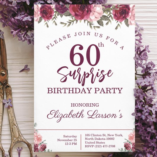 Senior Birthday Party Floral Burgundy Kaart