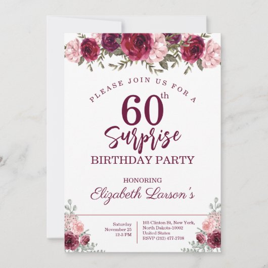 Senior Birthday Party Floral Burgundy Kaart (Voorkant)