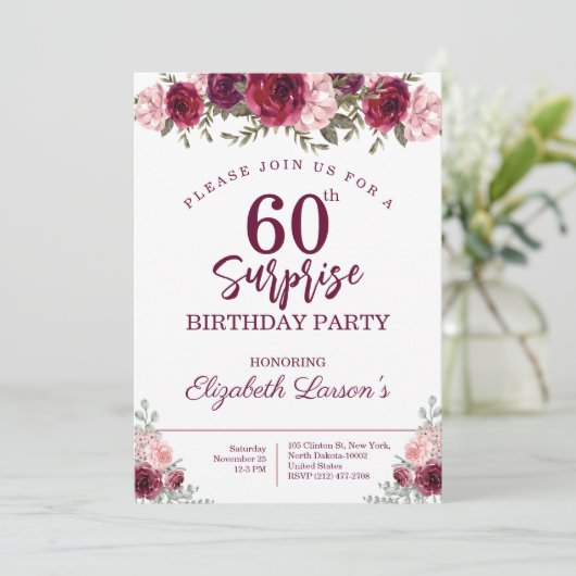 Senior Birthday Party Floral Burgundy Kaart (Staand voorkant)