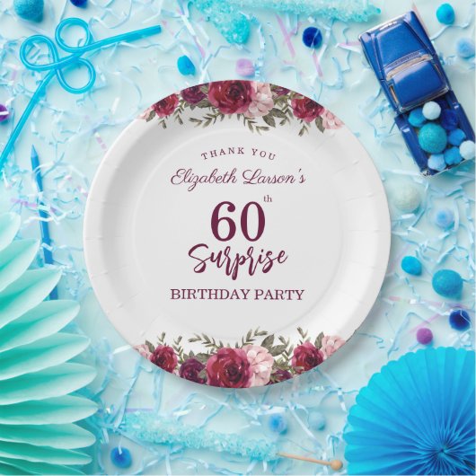 Senior Birthday Party Floral Burgundy Papieren Bordje (Feest)