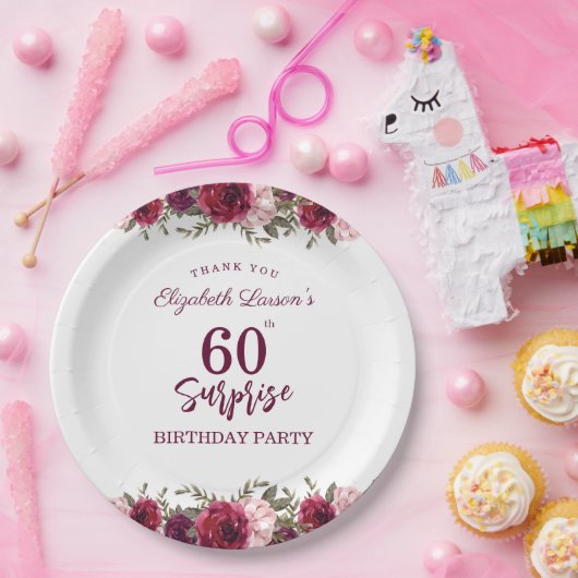 Senior Birthday Party Floral Burgundy Papieren Bordje (Feest)