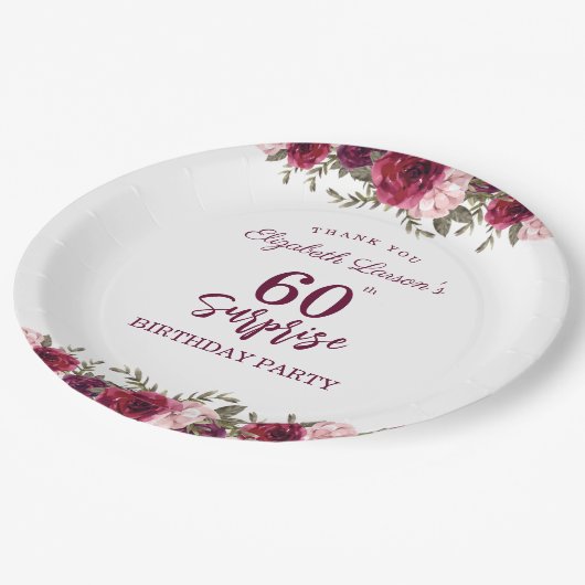 Senior Birthday Party Floral Burgundy Papieren Bordje (Gekanteld)
