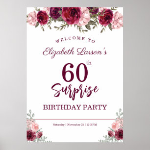 Senior Birthday Party Floral Burgundy Poster