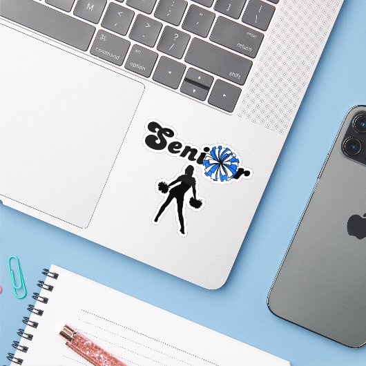 Senior Cheerleader Blauwe & Witte Pom Poms Sticker (Laptop met iPhone)