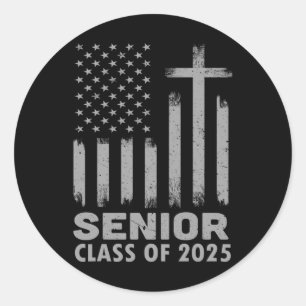 Senior CL van 2025 USA Flag Cross Christelijke afg Ronde Sticker