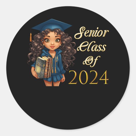 Senior Class of 2024 Zwart Meisje Afstuderen Afrik Ronde Sticker (Voorkant)
