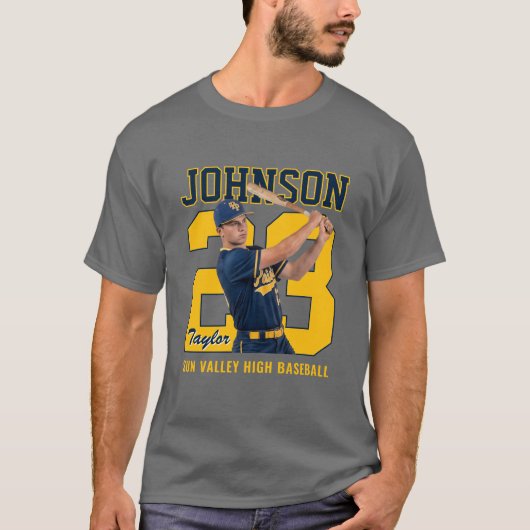 Senior honkbalspeler nummer aangepaste foto geel t-shirt (Voorkant)