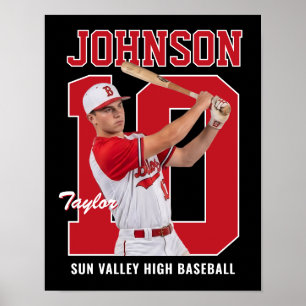 Senior honkbalspeler nummer aangepaste foto rood poster