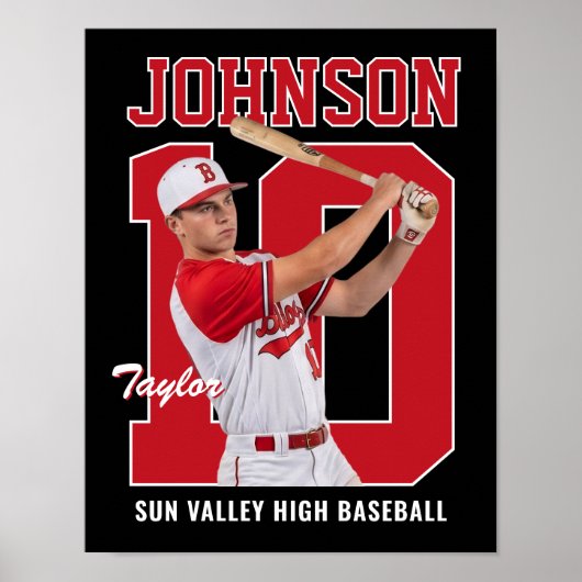 Senior honkbalspeler nummer aangepaste foto rood poster (Voorkant)