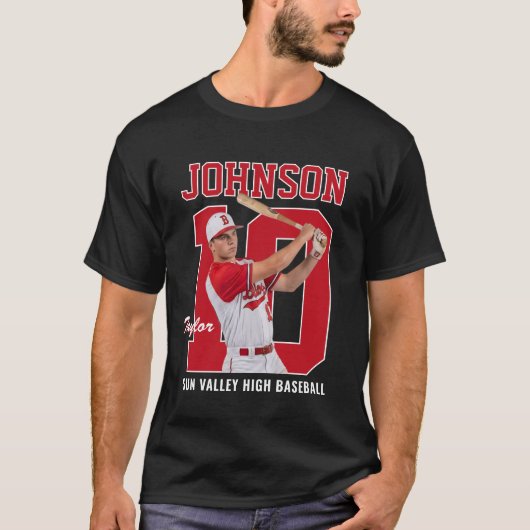 Senior Honkbalspeler Nummer Aangepaste Foto Rood T-shirt (Voorkant)