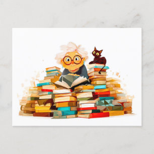 Senior vrouw lezen in boeken met vrolijke uitdrukk feestdagenkaart