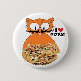 Señor Gato Cartoon Mustache Cat I Love Pizza. Ronde Button 5,7 Cm