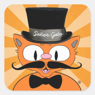 Señor Gato Cartoon Mustache Cat met Bow Stropdas Vierkante Sticker