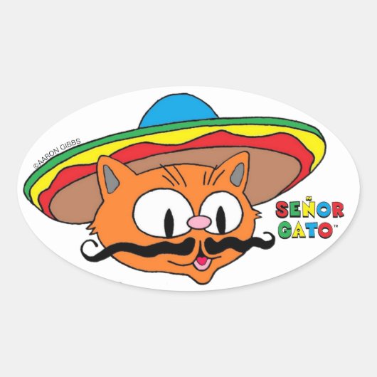 Senor Gato Cartoon Mustache Cat Ovale Sticker (Voorkant)