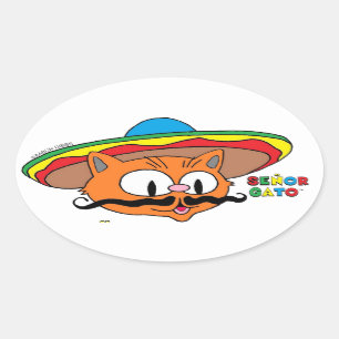 Senor Gato Cartoon Mustache Cat Ovale Sticker