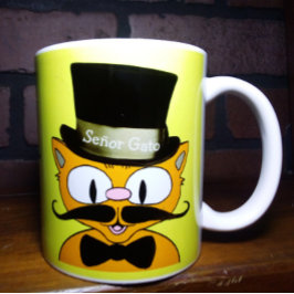 Señor Gato Cartoon Mustache Cat Top Hat Bow Stropd Koffiemok