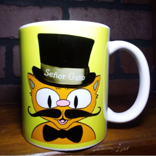 Señor Gato Cartoon Mustache Cat Top Hat Bow Stropd Koffiemok