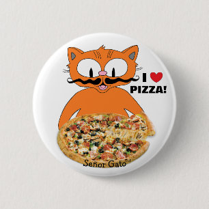 Señor Gato Cartoon Snorhaar Kat Ik Hou Van Pizza! Ronde Button 5,7 Cm