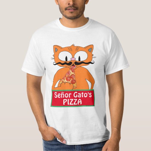 Señor Gato's Cartoon Pizza Mustache Cat Funny T-shirt (Voorkant)