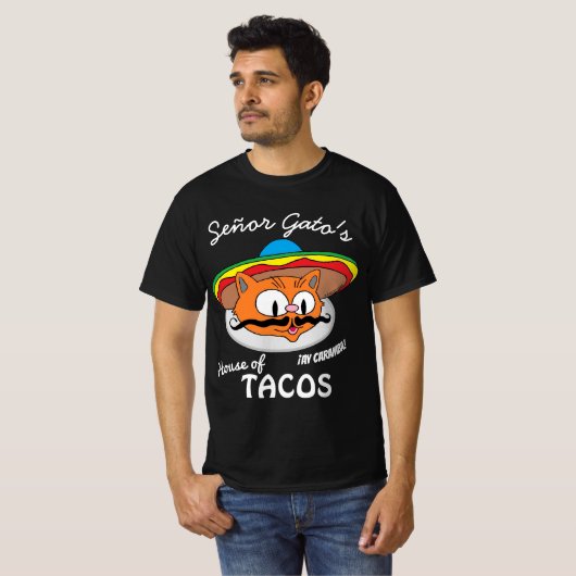 Señor Gato's House of Tacos Mexican Cartoon Cat T-shirt (Voorkant volledig)