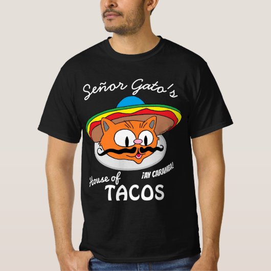 Señor Gato's House of Tacos Mexican Cartoon Cat T-shirt (Voorkant)