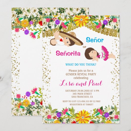 Señor of Señorita Fiesta Genderonthulling Kaart (Voorkant / Achterkant)