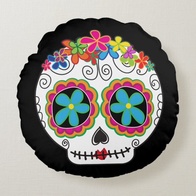 Señorita Calavera Dag van de Dode Suikerschedel Rond Kussen (Voorkant)