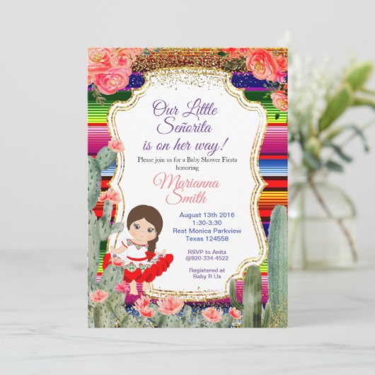 Senorita Fiesta Baby shower Gold Girl Invitation Kaart (Staand voorkant)