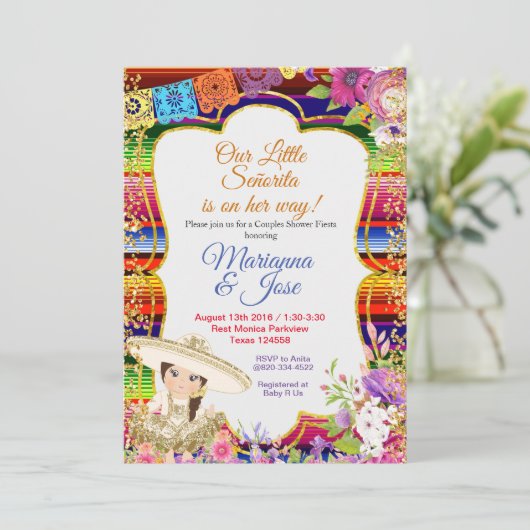 Senorita Fiesta Paar Douche Goud Meisje Uitnodigin Kaart (Staand voorkant)