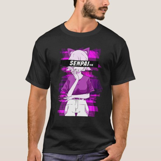 Senpai Anime Girl Vaporwave Manga Waifu Notice mij T-shirt (Voorkant)