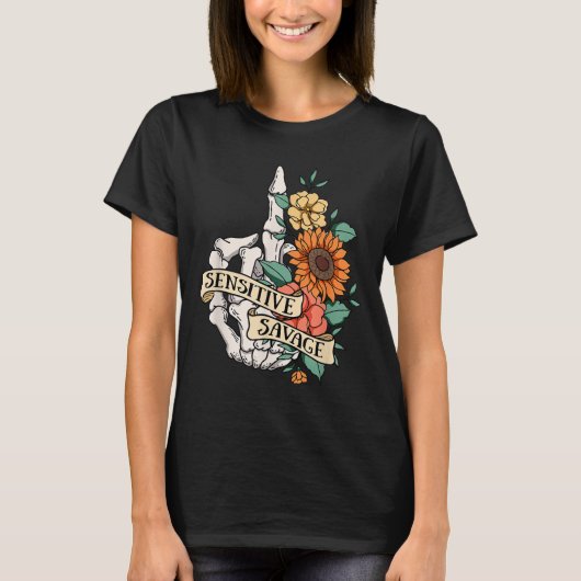 Sensitive Savage Flower Skeleton Dead Inside Motiv T-shirt (Voorkant)