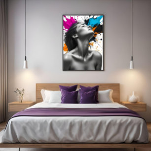 Sensueel Meisje Monochroom Portret met Kleur Splas Canvas Afdruk