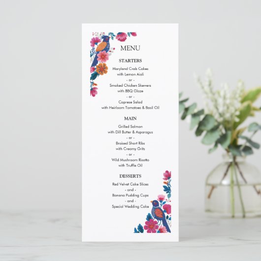 Sensuous Folk Birds and Flowers Wedding Pattern Menu (Staand voorkant)