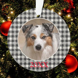 Sentimental Pet Photo Dark Grey Buffalo Plaid Ornament