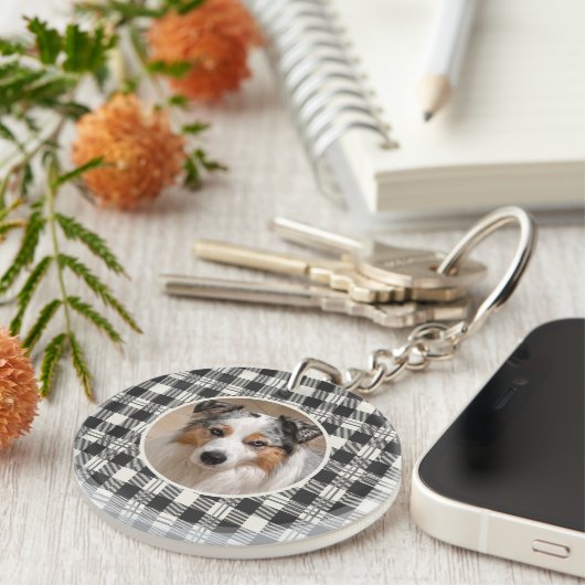 Sentimental Pet Photo Dark Grey Plaid Art Sleutelhanger (Voorkant Rechts)